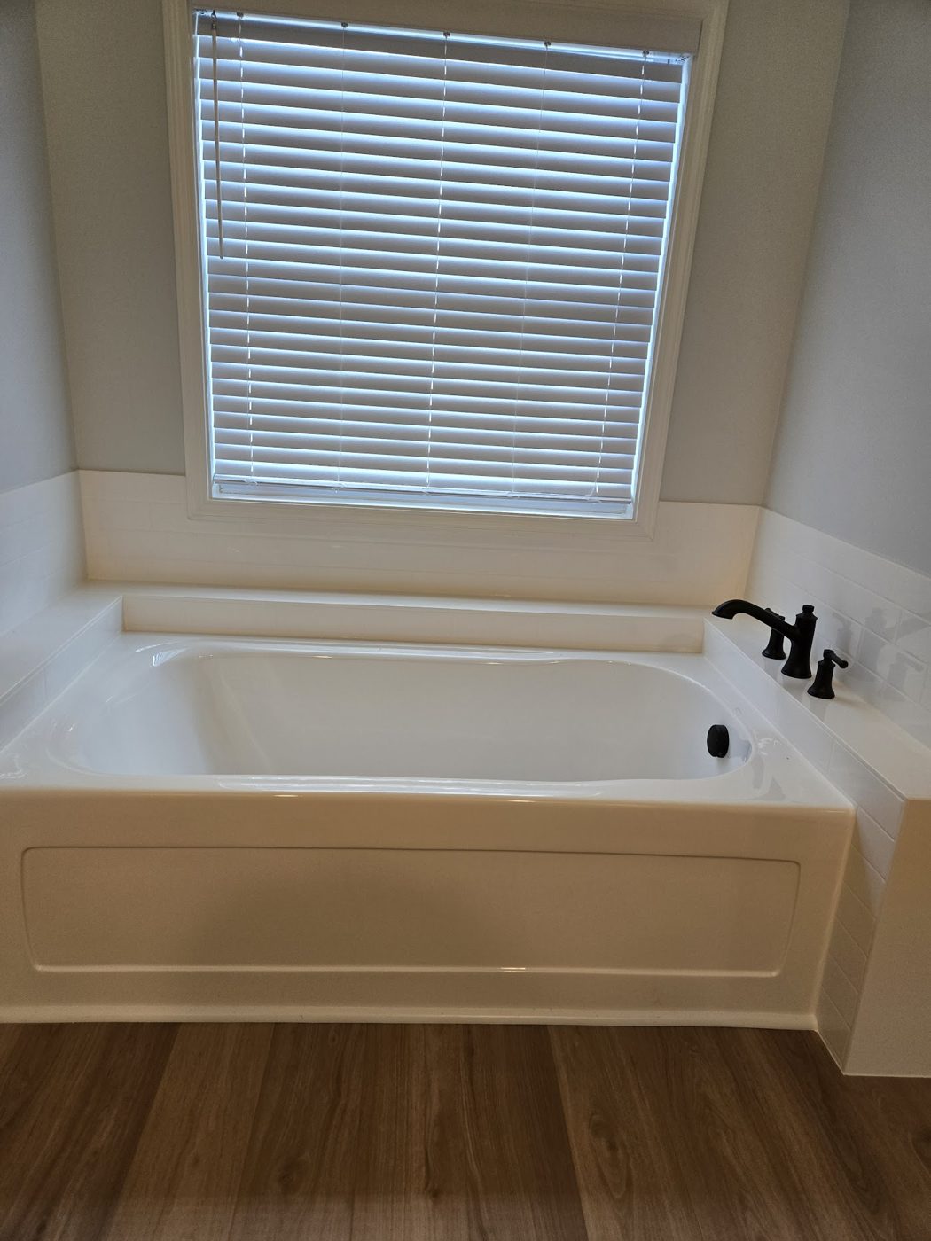 Drop-in tub under a bright window
